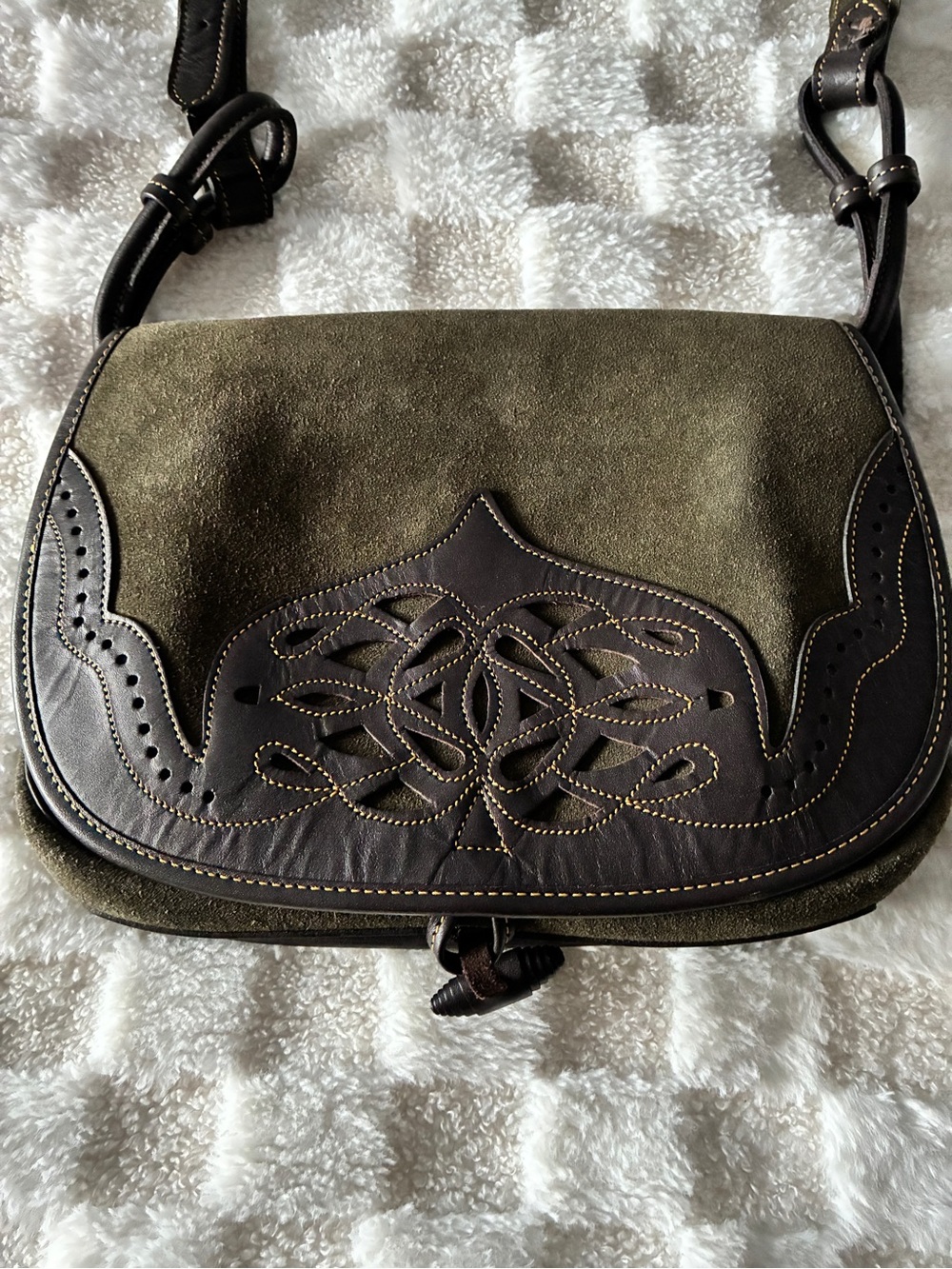Dark Olive Suede Brown Laser Cut Leather European Spain Cross Body Bag Excellent